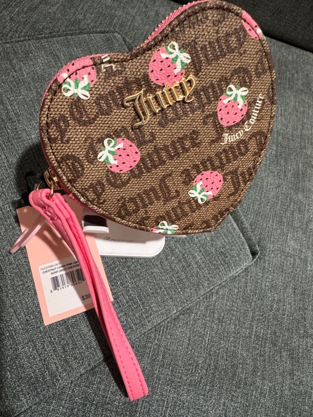 Juicy Couture Brown Heart Wristlet with Pink Strawberry Print